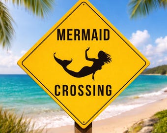 Mermaid Crossing Sign, Weatherproof Aluminum Composite Beach Decor, Outdoor Nautical Wall Sign