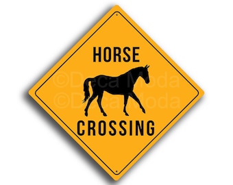 Horse Crossing Sign: Yellow Road-Style Plaque, Indoor/Outdoor Decor, weatherproof equestrian signs
