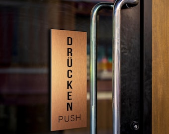 Drücken Push Door Sign: Brushed Metal, Self-Adhesive, Door Signs