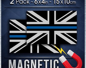 Union Jack Thin Blue Line Magnetic Sign Pair, Weatherproof Police Support Vehicle Magnets