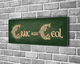 Craic agus Ceol Sign, Irish Pub Decor, Celtic Wall Art, Traditional Gaelic Metal Sign