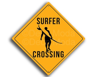 Surfer Crossing Sign: Yellow Road-Style Warning Plaque