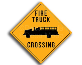 Fire Truck Crossing Sign: Yellow Roadside Style Wall Decor, Fire Station Signs
