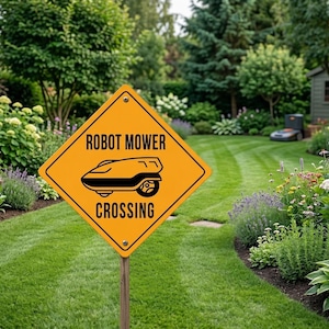 Peut inclure: Un panneau orange en forme de losange avec l'inscription "Robot Mower Crossing" et un dessin de tondeuse robot. Le panneau est sur un poteau en bois dans une pelouse bien entretenue. Une tondeuse robot est visible en arrière-plan.