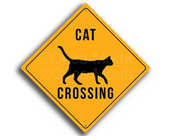 Cat Crossing Sign: Yellow Road-Style, Indoor Outdoor Decor, feline owner gifts