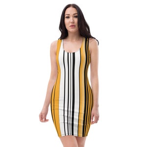 Vintage 70s Striped Dress, 1970s Yellow and White Dress, Shirtdress, Day Dress, Midi Dress, Sublimation Cut & Sew Dress