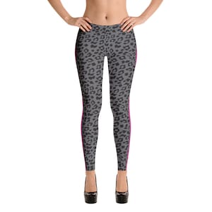 Leggings With Leopard Print - All Over Grey Yoga Pants - Animal skin print - Sports Yoga Leggings - Pink And White Stripes Leggings