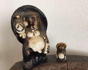 Vintage Japanese Tanuki Statue, Handcrafted Folk Pottery 2 PCS