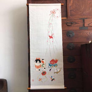 Vintage Japanese Tapestry Wall Hanging Handpainted Linen