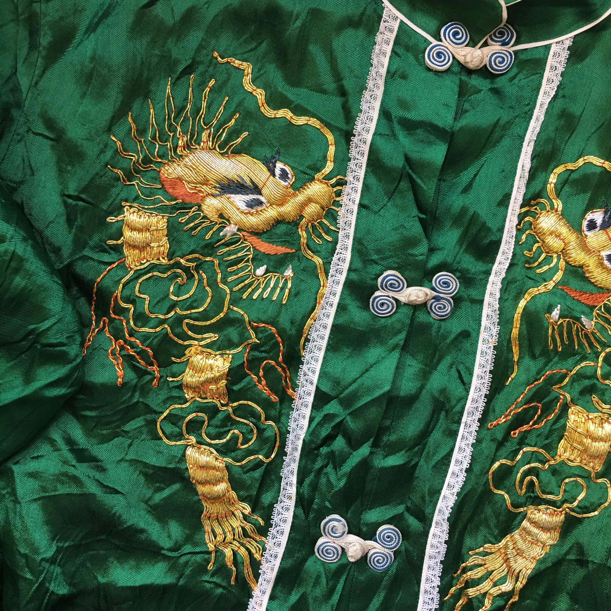 Vintage 1950s Chinese Dragon Embroidered Handmade Satin Women 