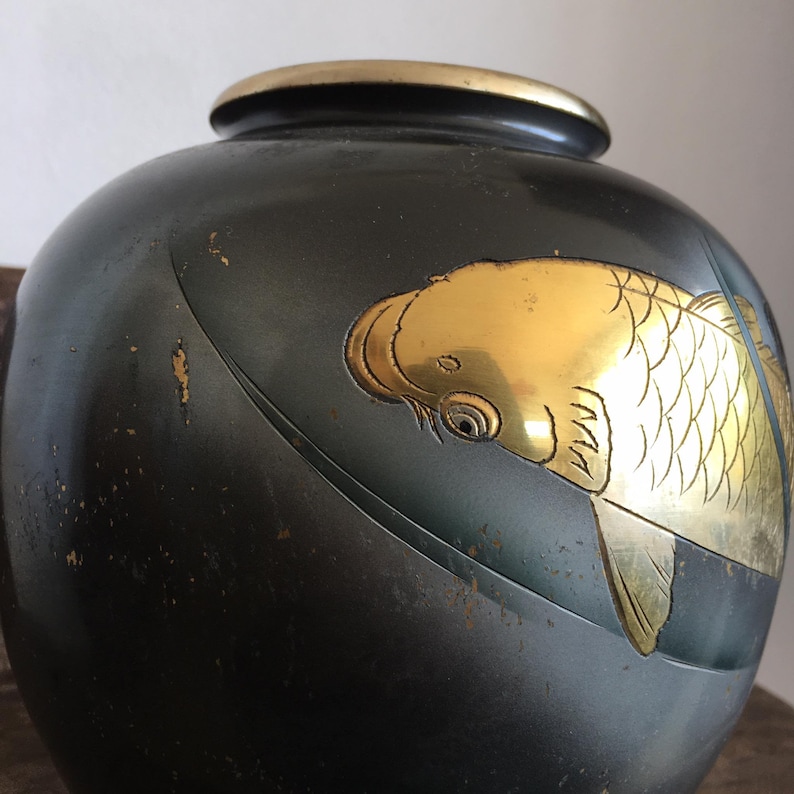 Vintage Japanese Black Mixed Metal Vase, Bronze, Copper, Silver & Gold Koi Stamped image 3