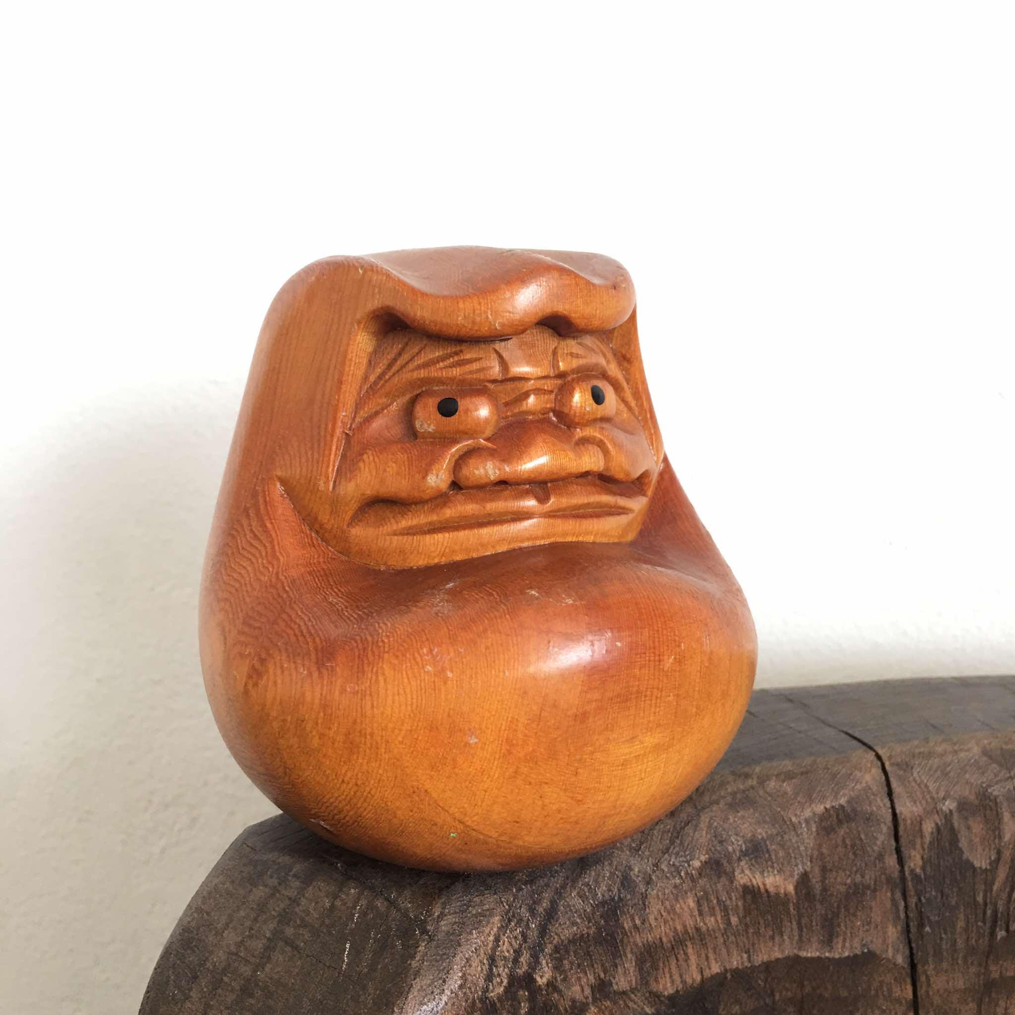 Vintage Traditional Wooden Daruma Carving Handcrafted Japanese Art