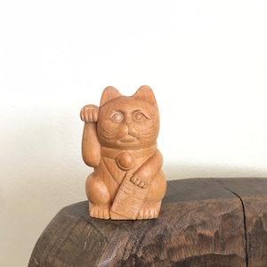 Japanese Vintage Wood Maneki neko , Lucky Cat