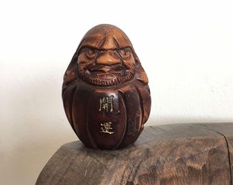 Vintage Solid Wood Daruma Figurine, Japanese Wood Carving - Etsy