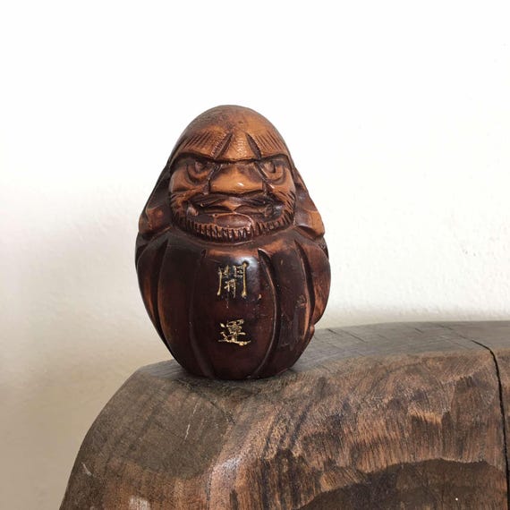 Vintage Traditional Wooden Daruma Carving Handcrafted Japanese Art