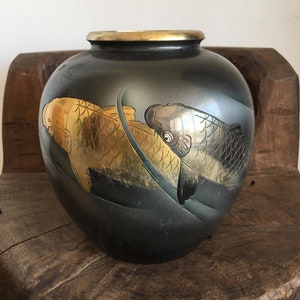 Vintage Japanese Black Mixed Metal Vase, Bronze, Copper, Silver & Gold Koi Stamped image 1