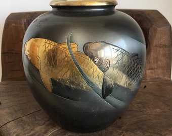 Vintage Japanese Black Mixed Metal Vase, Bronze, Copper, Silver & Gold  Koi Stamped