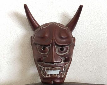 伝統的な日本の木製お面 Antique Japanese Wood Mask - Vintage Hand Carved and Painted