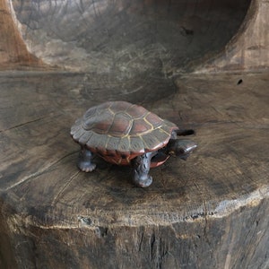 Puede incluir: Una pequeña figura de tortuga de madera tallada con una concha marrón rojiza y patas negras. La tortuga está sentada sobre una superficie de madera rugosa.