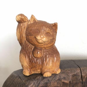 Japanese Vintage wood carving Maneki neko , Lucky Cat