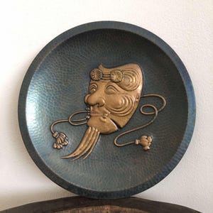 Vintage Japanese old bronze wall hanging decoration of Noh mask Okina&quot; metal carving