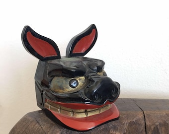 獅子頭 日本製 古漆塗り 金箔 目と歯付き 獅子舞頭 面 神楽 獅子頭