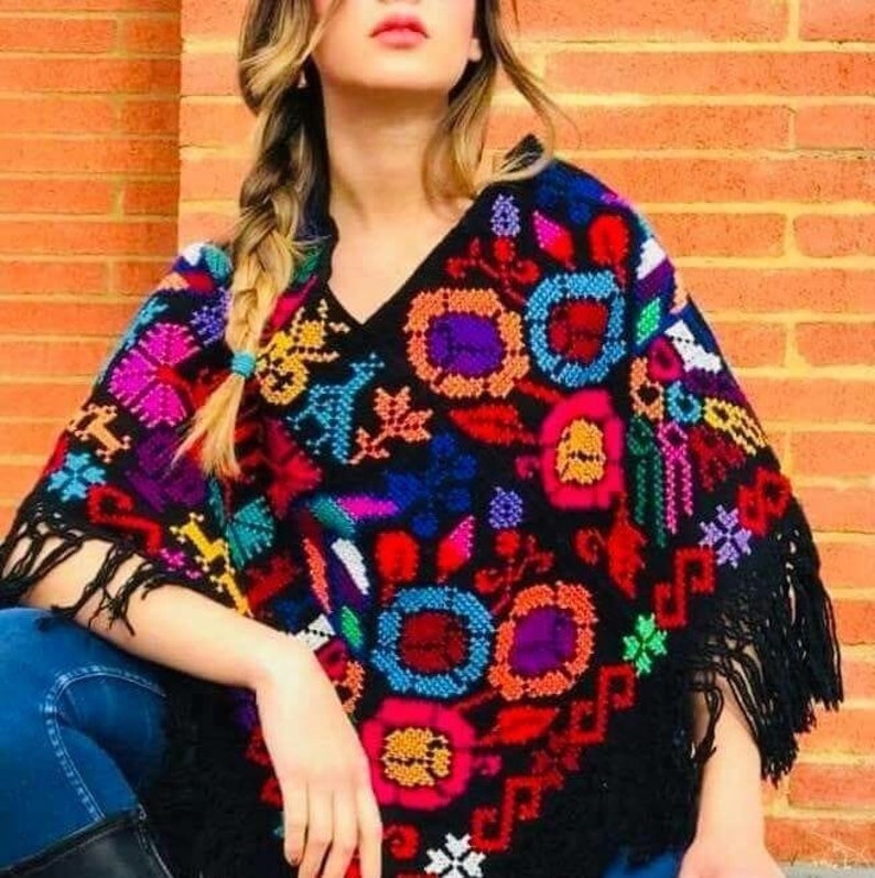 Mexican handmade poncho Black&colorful