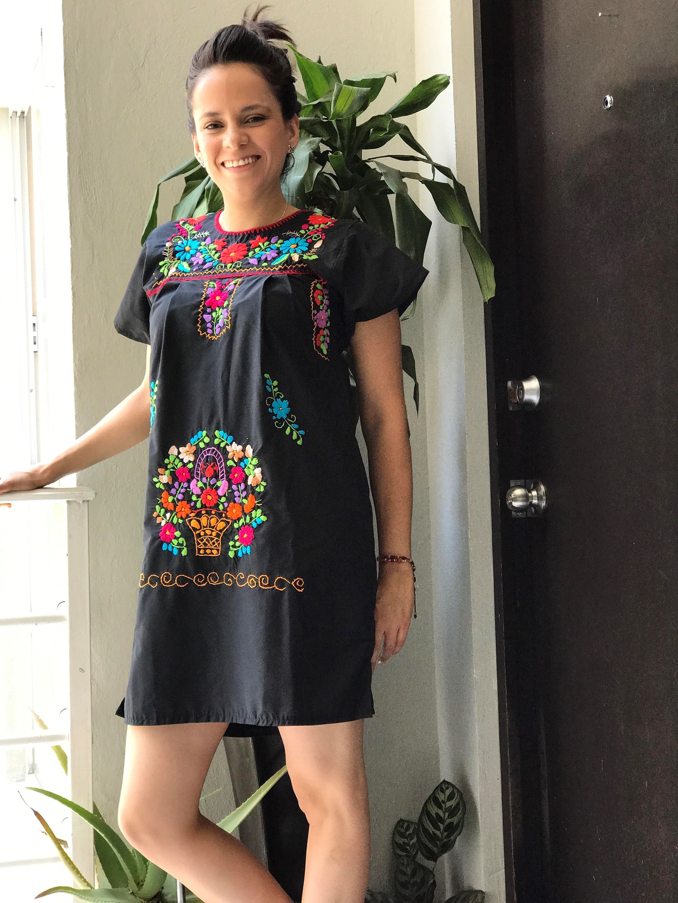 Handmade Embroidered Mexican Dress: Colorful Floral Boho Flare