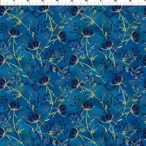 May include: A fabric with a repeating floral pattern. The design features large, dark blue flowers with delicate stems and smaller, light blue floral accents against a teal and blue gradient background. The overall effect is a botanical theme.