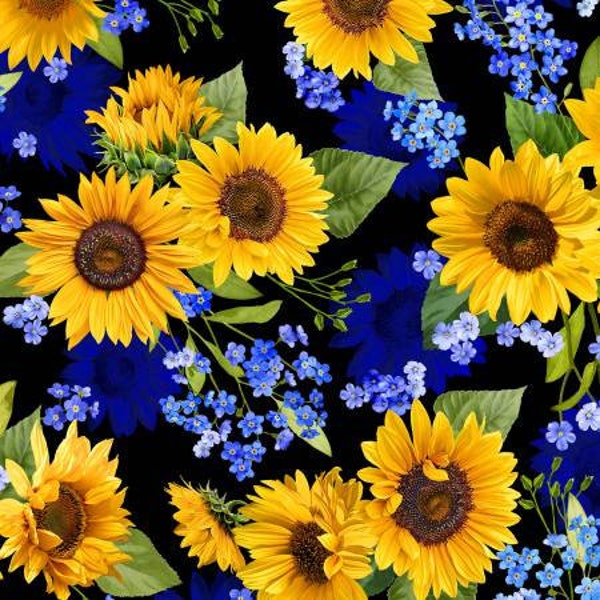 Black Sunflower Blooms from the Summer Sunflowers Collection by Michael Miller Fabrics - Sold in 1/2 yard increments