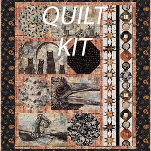 May include: A Halloween-themed quilt kit featuring various spooky illustrations. The quilt design includes images of black cats, a witch's hat, pumpkins, and a raven. The words "QUILT KIT" are prominently displayed across the center of the quilt.