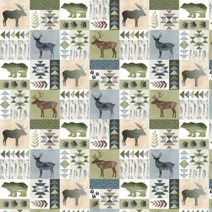 May include: A repeating pattern featuring squares with woodland animal illustrations, including deer and bears. The color palette includes shades of green, brown, and gray, with geometric and wood grain elements. The design is reminiscent of a rustic, outdoorsy theme.