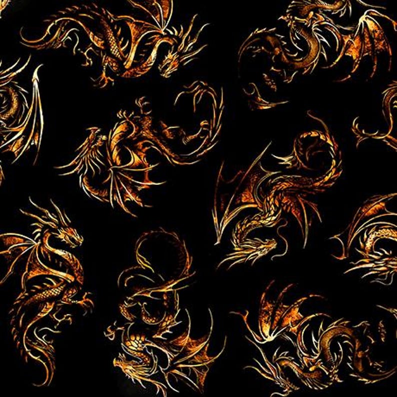 Pattern Dragon Blaack Black Dragon Linocut From the Dragon's Song Collection by QT Fabrics ...