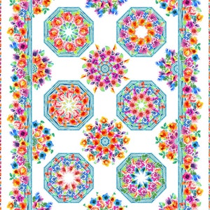 May include: A white background with a blue and white border. Inside the border are nine colorful floral mandalas. The mandalas are arranged in a grid pattern. The mandalas are made of watercolor flowers.