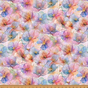 May include: A fabric with a repeating floral pattern. The flowers are in shades of pink, blue, purple, and orange, with gold outlines. The background is a light, off-white color. The fabric is likely used for quilting, sewing, or other craft projects.