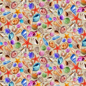 May include: A seamless pattern featuring a variety of colorful seashells, starfish, and other ocean-themed elements on a beige background.