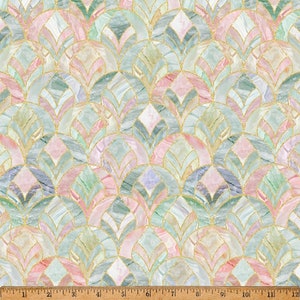 May include: A seamless pattern featuring a repeating design of overlapping, geometric shapes in shades of pink, green, and white. The shapes are outlined in gold, creating a shimmering effect. The pattern is reminiscent of stained glass or mosaic tiles.