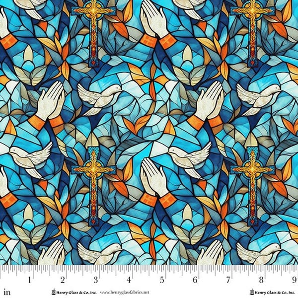 Turquoise Praying Hands and Doves from the Faith In Full Color Collection by Henry Glass - Priced by the 1/2 yard
