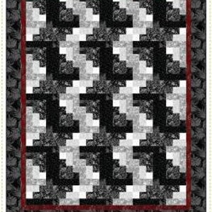 May include: A quilt pattern titled "Twister: A Pieced Quilt" features a geometric design in black, white, and gray. The quilt has a red border and a dark gray floral patterned edge. The words "Quilting Renditions" and "My Design...Your Beautiful Rendition" are also visible.