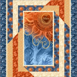 May include: A colorful quilt with a central design featuring a sunburst and the word "Believe" inside a heart. The quilt has a blue, orange, and cream color scheme, with a patterned border and a swirling blue edge.