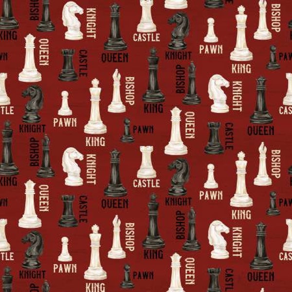 Chess Pieces on Red from the I'd Rather Be Playing Chess Collection by Riley Blake - Sold in 1/2 yard increments - 42/43"