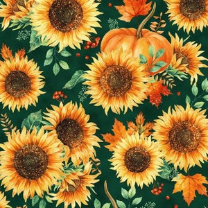 Emerald Gold Sunflowers and Pumpkins by Hoffman Fabrics - Sold by the 1/2 yard-42/43&quot; width