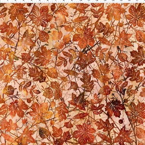May include: A fabric with a repeating pattern of autumn leaves and branches in shades of orange, brown, and cream. The leaves have intricate details and are layered over a light background, creating a textured effect.