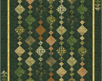 May include: A green and brown quilt with a diamond pattern. The quilt is made of fabric with a variety of textures and patterns.