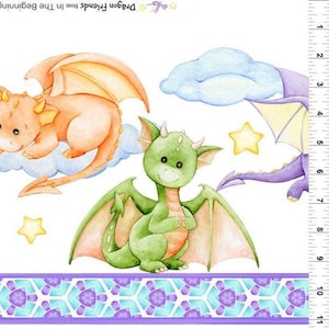 May include: Watercolor illustration featuring three friendly dragons in shades of orange, green, and purple, with yellow stars and fluffy clouds. The text "Dragon Friends from In The Beginning" is at the top. A decorative border is at the bottom.