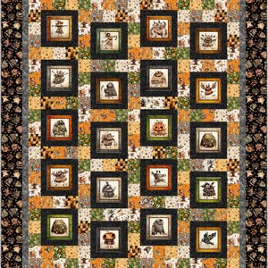 May include: A Halloween quilt with framed illustrations of quirky monsters and creatures. The quilt has a patchwork design with orange, green, and grey squares, and a black border with repeating spooky characters. The framed images add a unique touch to the overall design.