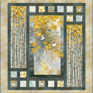 May include: A rectangular quilt featuring a central panel of birds perched on branches with yellow leaves, flanked by vertical panels of birch tree trunks. The design includes a dark teal border and smaller square blocks with bird and leaf motifs.