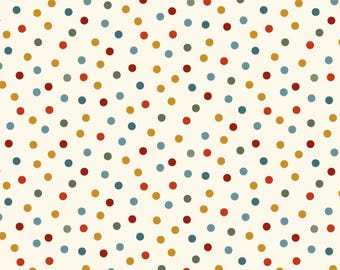 May include: A repeating pattern of small, solid-colored circles in shades of red, mustard yellow, muted blue, and olive green, evenly distributed across a solid off-white background, creating a simple, uniform, and multi-colored polka dot design.