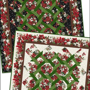 May include: Two rectangular quilts featuring a lattice pattern of green fabric strips over circular motifs of red and white poinsettias. One quilt has a black background with snowflake details, while the other has a cream background.