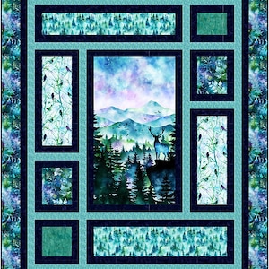 May include: A quilt block with a blue and green colour scheme. The centre of the block features a watercolour painting of a forest with a deer in the foreground. The block is surrounded by a border of smaller squares with different patterns.